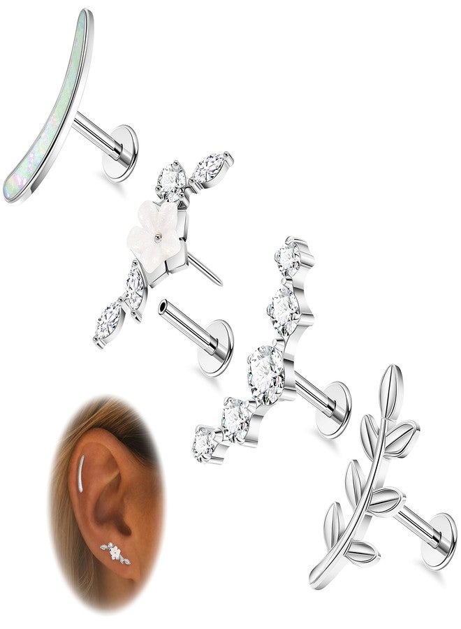 NICEIGHT 16G G23 Titanium Cartilage Earrings for Women Titanium Threadless Push in Cartilage Earring Stud for Sensitive Ear Flower Opal CZ Flat Back Stud Cartilage Helix Conch Piercing 8MM Bar - Image 1